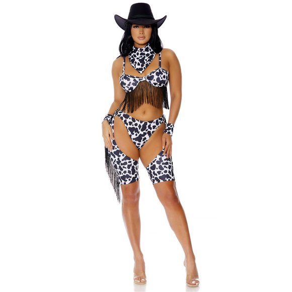 Pink Vinyl Cowgirl Four Piece Fringe Bra Chaps Set